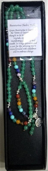 Chakra Mala Necklace featuring polished green aventurine beads, 70cm long, promoting prosperity and optimism.