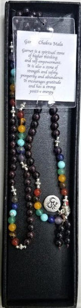 Chakra Mala Necklace featuring 70cm of natural garnet beads for self-confidence, strength, and spiritual growth.