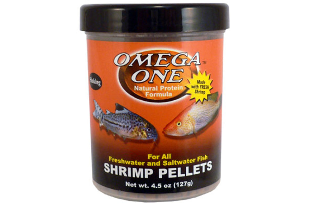 Premium Omega Shrimp Pellets in 127g package, made with fresh Alaskan shrimp, ideal for vibrant and healthy fish.