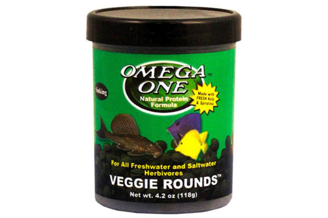 Omega Veggie Rounds are green sinking discs made from fresh kelp and spirulina for healthy fish nutrition and growth.