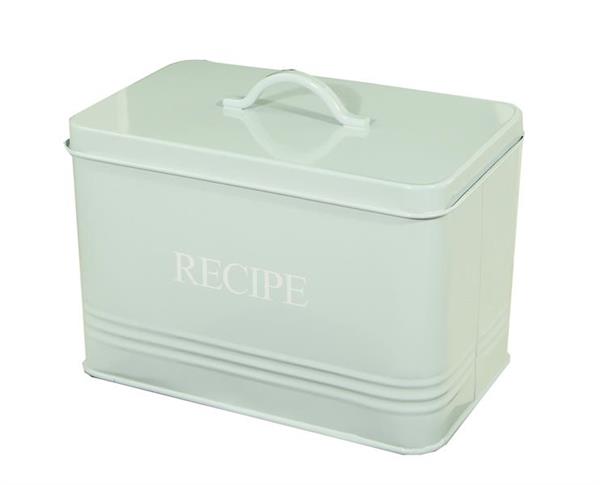 Vintage blue recipe card holder, 20x12 cm, elegantly displays and organizes cherished recipes with included 10 blank cards.