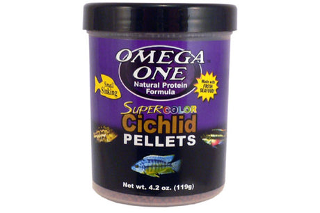 Small, sinking Omega Super Colour cichlid pellets enhance color and health for vibrant aquatic pets, measuring 1.5mm in size.