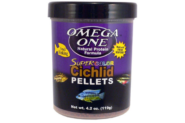 Small, sinking Omega Super Colour cichlid pellets enhance color and health for vibrant aquatic pets, measuring 1.5mm in size.