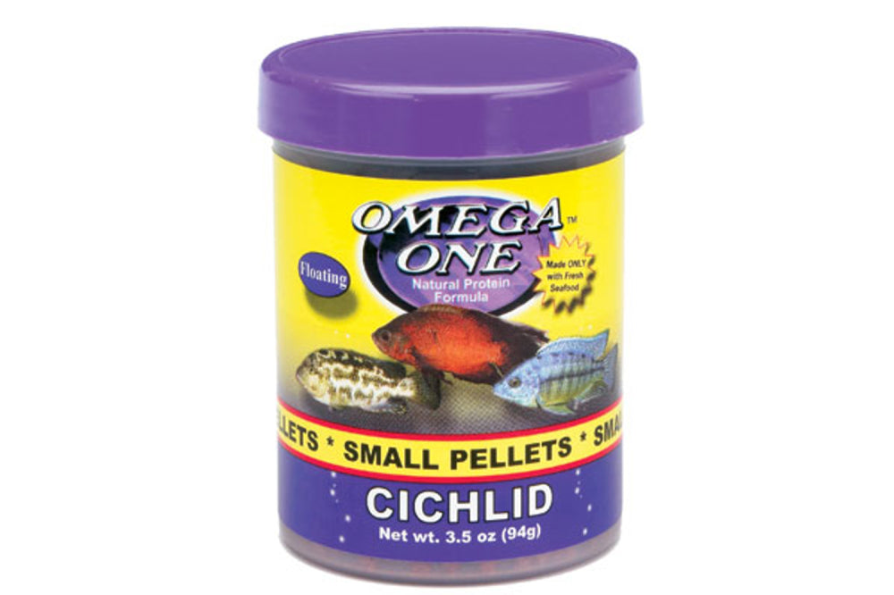 Small floating Omega Cichlid pellets, 2mm size, enhancing color and health for vibrant Cichlids in your aquarium.