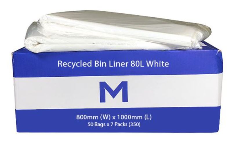 Eco-friendly white recycled bin liners, 80L, durable 25mu, 800mm x 1000mm, box of 350 for efficient waste management.