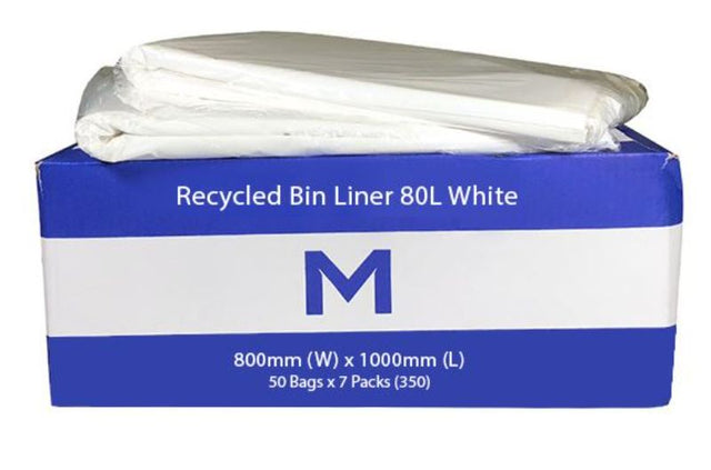 Eco-friendly white recycled bin liners, 80L, durable 25mu, 800mm x 1000mm, box of 350 for efficient waste management.