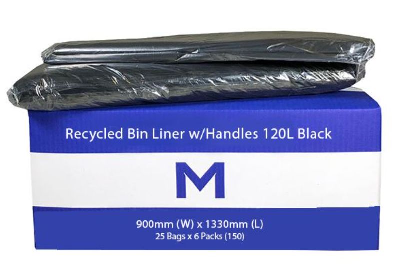 Black recycled bin liners with handles, 120L capacity, 900mm x 1330mm, eco-friendly, strong, and leak-proof design. Box of 200.