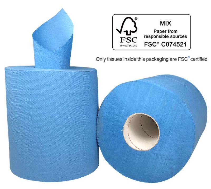 Centre feed blue paper towels, 2-ply, perforated, 210mm x 180m, pack of 6, ideal for heavy-duty cleaning and hand drying.