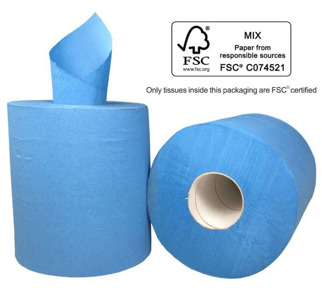 Centre feed blue paper towels, 2-ply, perforated, 210mm x 180m, pack of 6, ideal for heavy-duty cleaning and hand drying.