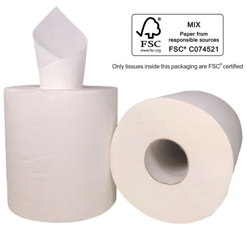 Centre feed paper towels in white, 2-ply, 210mm x 180m, pack of 6, designed for efficient cleaning and eco-friendly use.