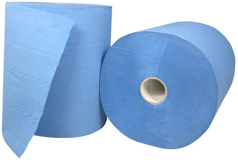 Blue roll feed paper towels, 210mm x 150m, 2 ply, eco-friendly, ideal for absorbing spills in commercial kitchens (pack of 6).