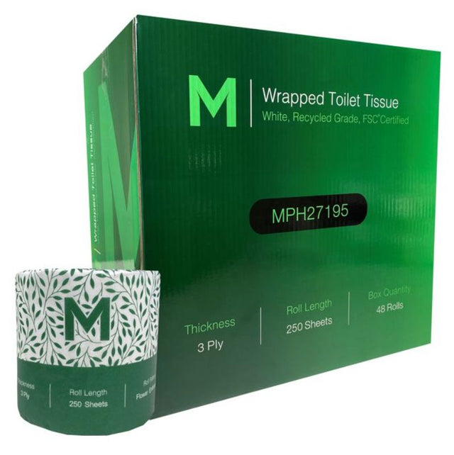 Eco-friendly 3-ply toilet tissue, 250 sheets per roll, made from 100% recycled materials, pack of 48 individually wrapped rolls.