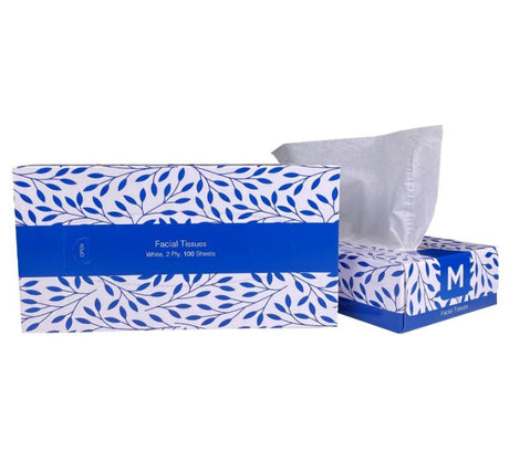 Premium white flat facial tissues, 2 ply, hypoallergenic, 100 sheets per pack, eco-friendly and soft for sensitive skin.