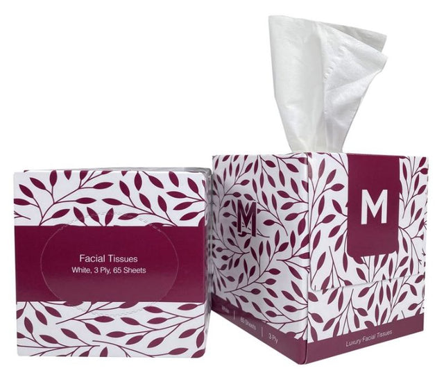 Cube Facial Tissues in a stylish white cube, 3-ply, 65 sheets, hypoallergenic, and FSC certified for eco-friendly softness.