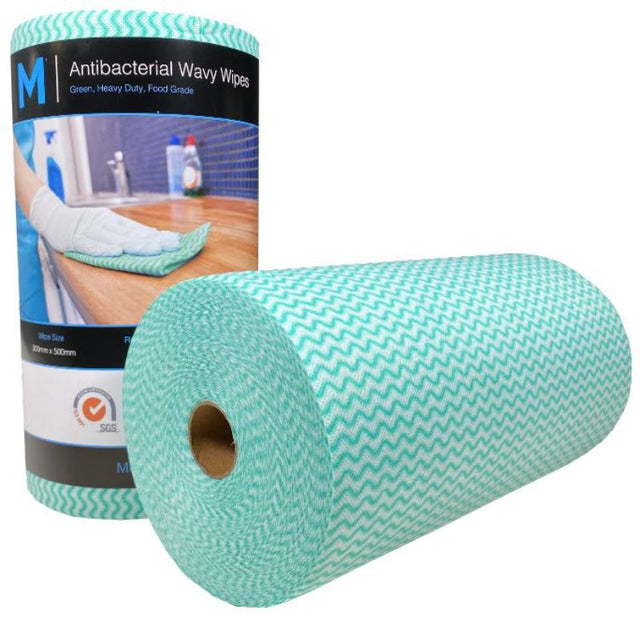 Antibacterial wavy wipes in green, 300mm x 500mm, 80gsm, 90 sheets per roll, designed for effective deep cleaning and hygiene.