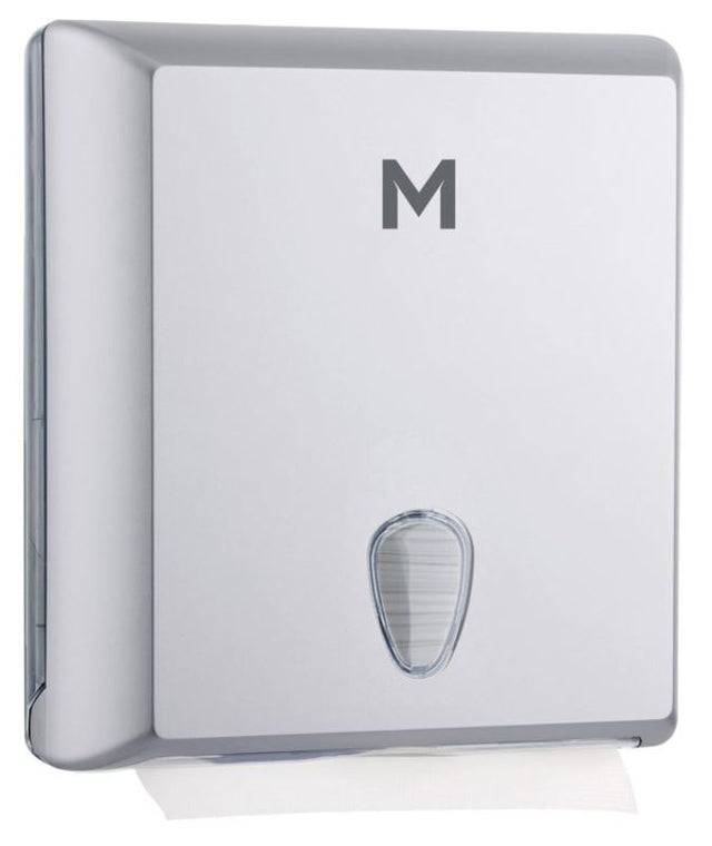 Silver Regular Slimfold Dispenser with 450-sheet capacity, touchless mechanism, and a stylish, easy-to-clean design.