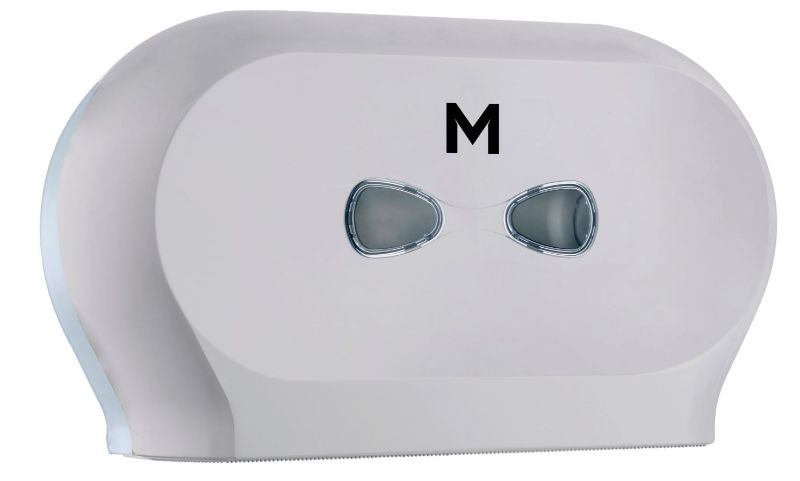 Sleek silver double mini jumbo roll dispenser, designed for efficient tissue management with a lockable cover.
