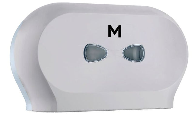 Sleek silver double mini jumbo roll dispenser, designed for efficient tissue management with a lockable cover.