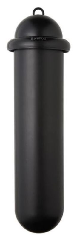 Sleek black sanitary disposal unit measuring 204mm x 206mm x 724mm, designed for hygiene and compact spaces in modern washrooms.