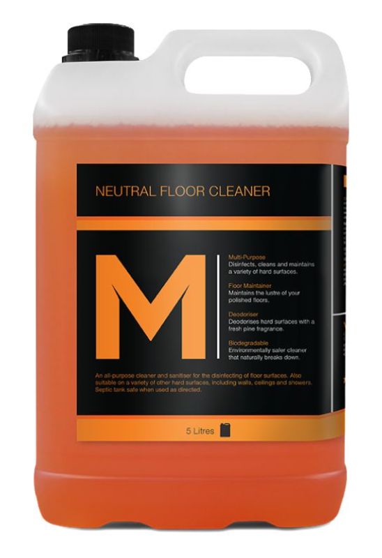 Neutral Floor Cleaner - Orange, 5L refill bottles, powerful formula for tough spills, ideal for industrial and home use.