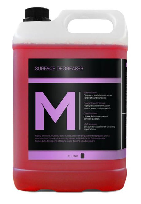 Heavy Duty Surface Degreaser - Red, 5L refill bottles for tough grease removal on various hard surfaces. Pack of 2.