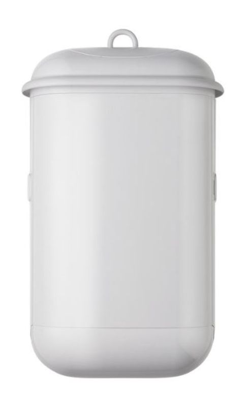 White Pod Petite Manual Unit with lifting ring, designed for hygienic restroom use, compact at 253mm x 177mm x 420mm.