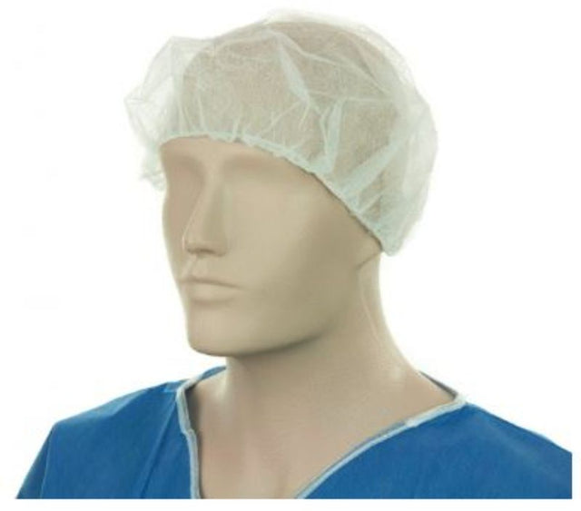 Disposable white polypropylene bouffant hats, 610mm wide, pack of 600, for hygienic head coverage in various industries.