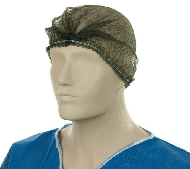 Black polypropylene crimp hats, 530mm wide, lightweight 12gsm, elastic fit for hygiene in food and medical settings. Pack of 1000.