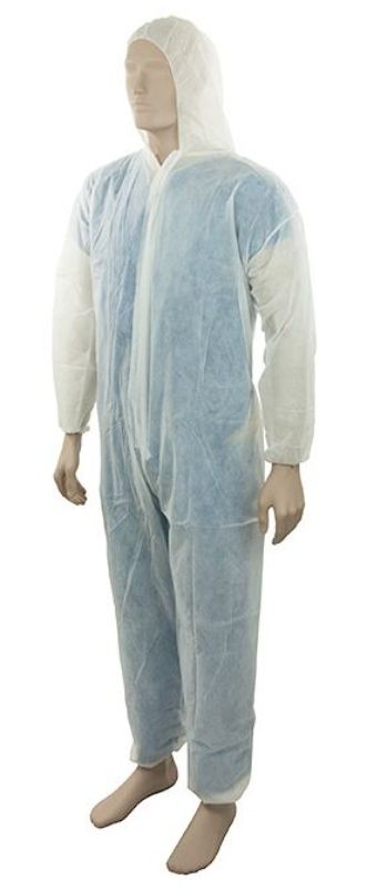 White polypropylene coveralls in size L, pack of 18, featuring full zipper and elasticized fittings for protection and comfort.