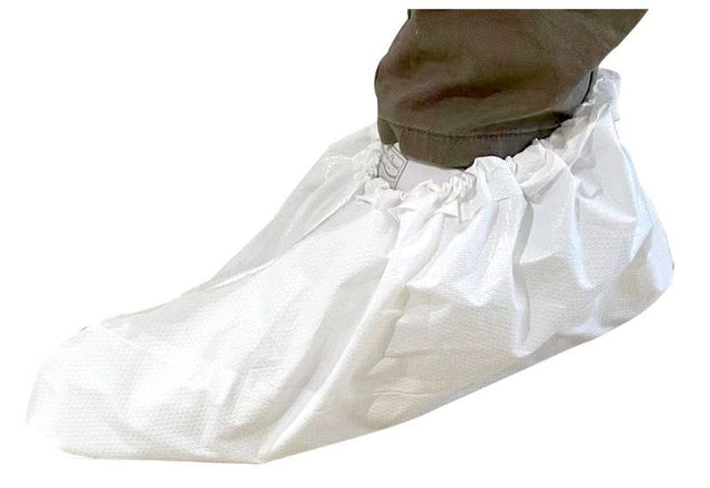 White laminated CPE shoe covers, double sole, 200mm x 400mm, pack of 160, designed for hygiene in medical and food environments.