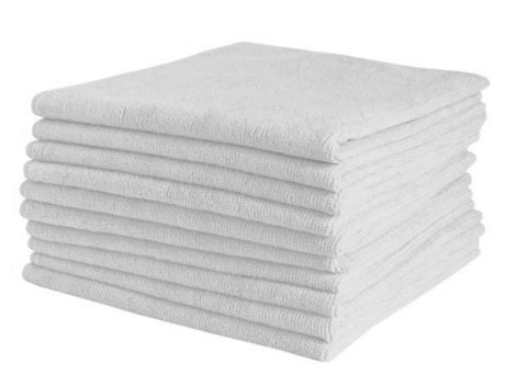 Carton of 50 white microfibre cloths, 400mm x 400mm, 300gsm, ideal for effective wet or dry cleaning on various surfaces.