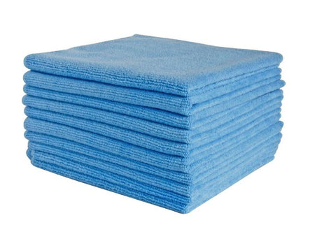 Blue microfibre cloths, 400mm x 400mm, 300gsm, ideal for versatile cleaning, lint-free, and eco-friendly, in a carton of 50.