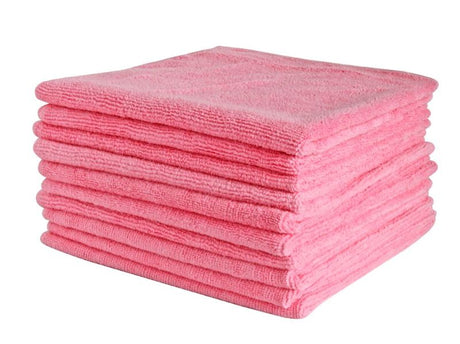Vibrant red microfibre cloths, 400mm x 400mm, 300gsm, ideal for effective cleaning wet or dry; carton of 50 for versatile use.