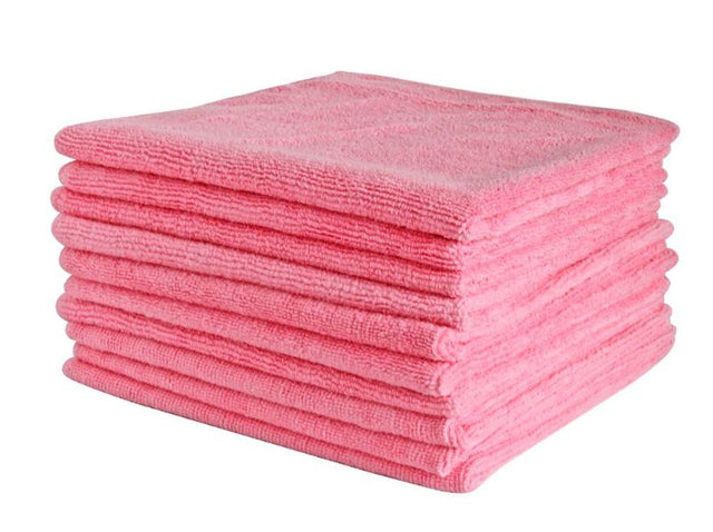 Vibrant red microfibre cloths, 400mm x 400mm, 300gsm, ideal for effective cleaning wet or dry; carton of 50 for versatile use.