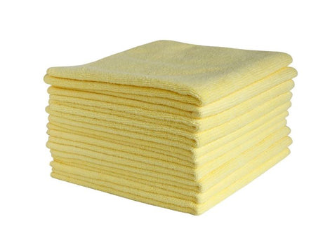 Vibrant yellow microfibre cloths, 400mm x 400mm, 300gsm, perfect for efficient cleaning on hard surfaces. Carton of 50.