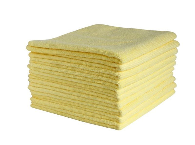 Vibrant yellow microfibre cloths, 400mm x 400mm, 300gsm, perfect for efficient cleaning on hard surfaces. Carton of 50.