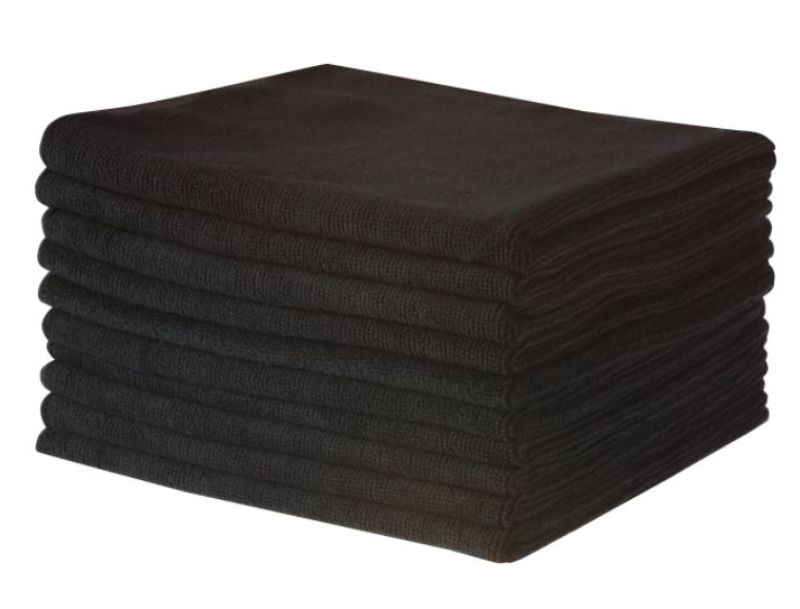Black microfibre cloths, 400mm x 400mm, 300gsm, perfect for efficient cleaning on various surfaces, eco-friendly & reusable.