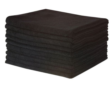 Black microfibre cloths, 400mm x 400mm, 300gsm, perfect for efficient cleaning on various surfaces, eco-friendly & reusable.