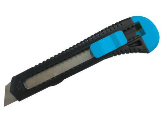 Blue economy cutter knives, 18mm, pack of 12; features snap-off blades and safety lock for safe, precise cutting.