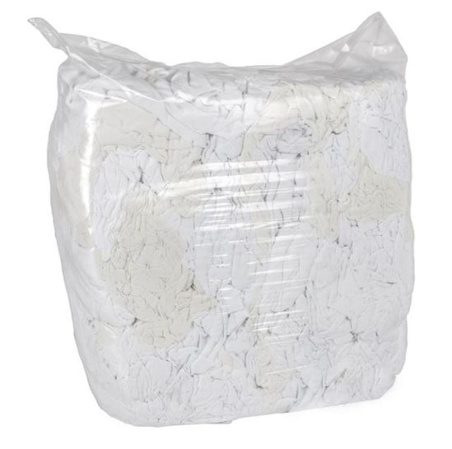 White Towelling Rags in a 5.0kg bag; soft, absorbent, and perfect for diverse cleaning tasks without leaving stains.