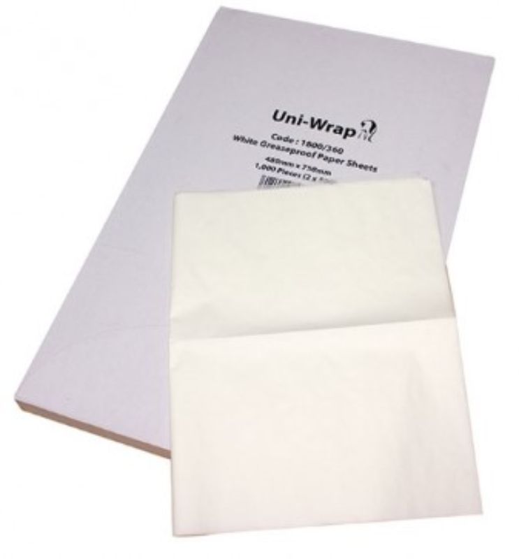 White greaseproof paper sheets, 480mm x 750mm, pack of 1000, ideal for food presentation and absorption of excess grease.