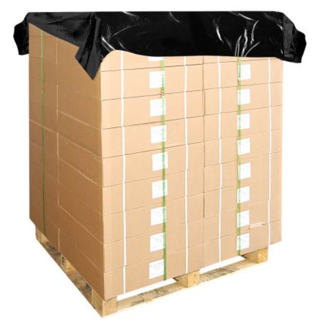Manual Pallet Cover in black, 1680mm x 1680mm, 20mu, protects cargo from moisture and dirt during transit and storage.