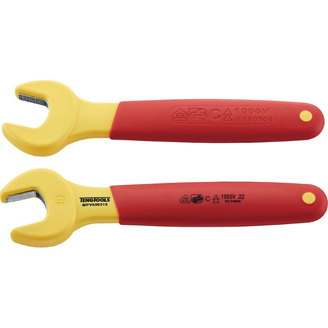 Teng Insulated Spanner 19mm for safe electrical work, tested to 1000V, with a nonslip handle and 15° open offset design.