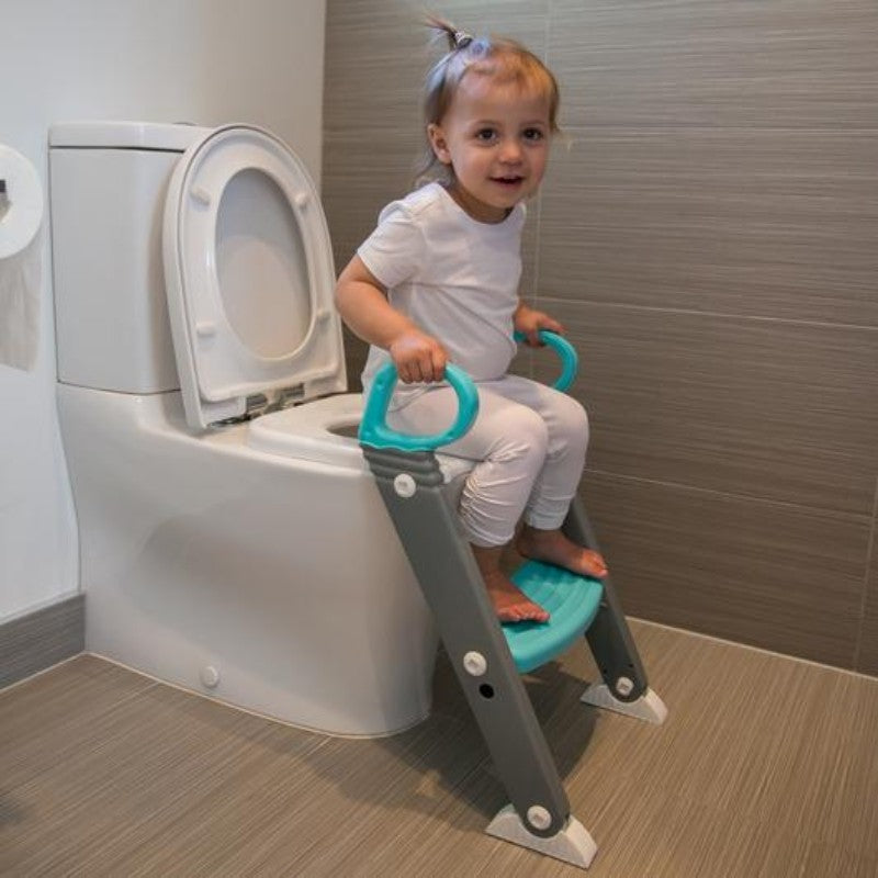 Moose Step On Up Toilet Trainer in Aqua/Red, designed for toddlers, features non-slip pads and slim storage for potty training.