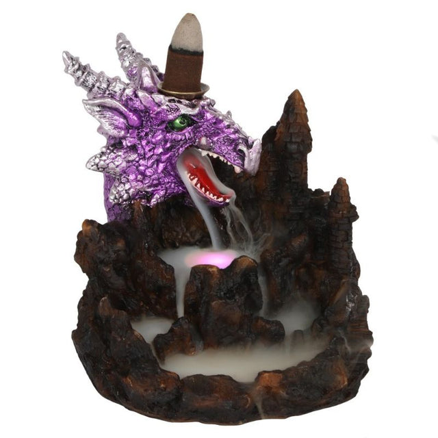 Purple Dragon Backflow Incense Burner with LED lights, featuring cascading smoke and intricate resin design for relaxing ambiance.