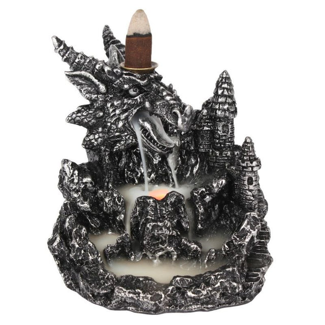 Silver Black Dragon backflow incense burner with LED, showcasing cascading smoke and intricate dragon details for a serene ambiance.