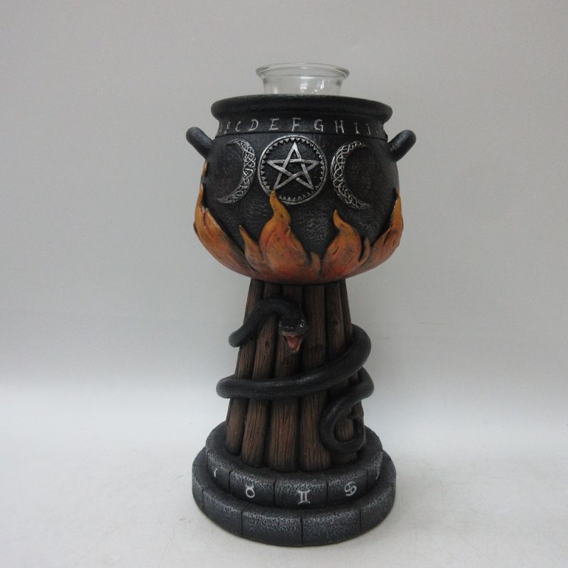 Cauldron Triple Moon Tealight Holder featuring lunar motifs, perfect for meditation and home decor, 27.7cm tall.