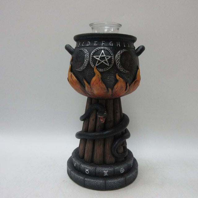 Cauldron Triple Moon Tealight Holder featuring lunar motifs, perfect for meditation and home decor, 27.7cm tall.
