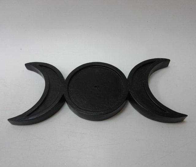 Triple Moon Incense Holder in black polyresin with elegant moon design, perfect for meditation and enhancing your sacred space.