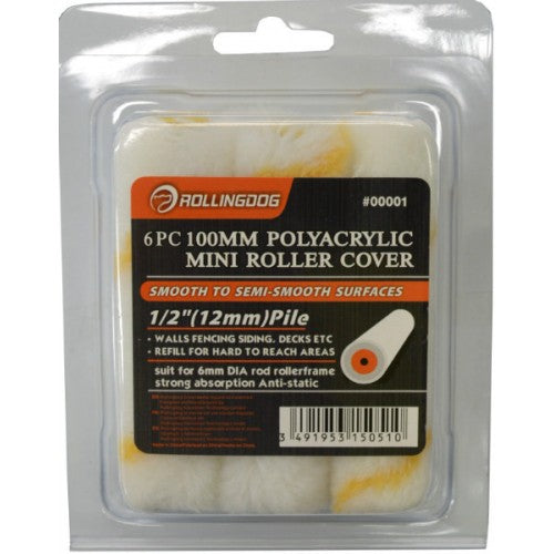 Mini Paint Roller Sleeve Acrylic 100mm pack of 6, designed for smooth finishes on mini roller handles, perfect for DIY projects.